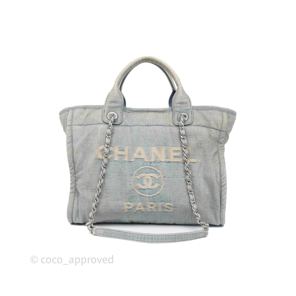 Chanel New Small Deauville Tote Denim Light Blue Aged Silver Hardware