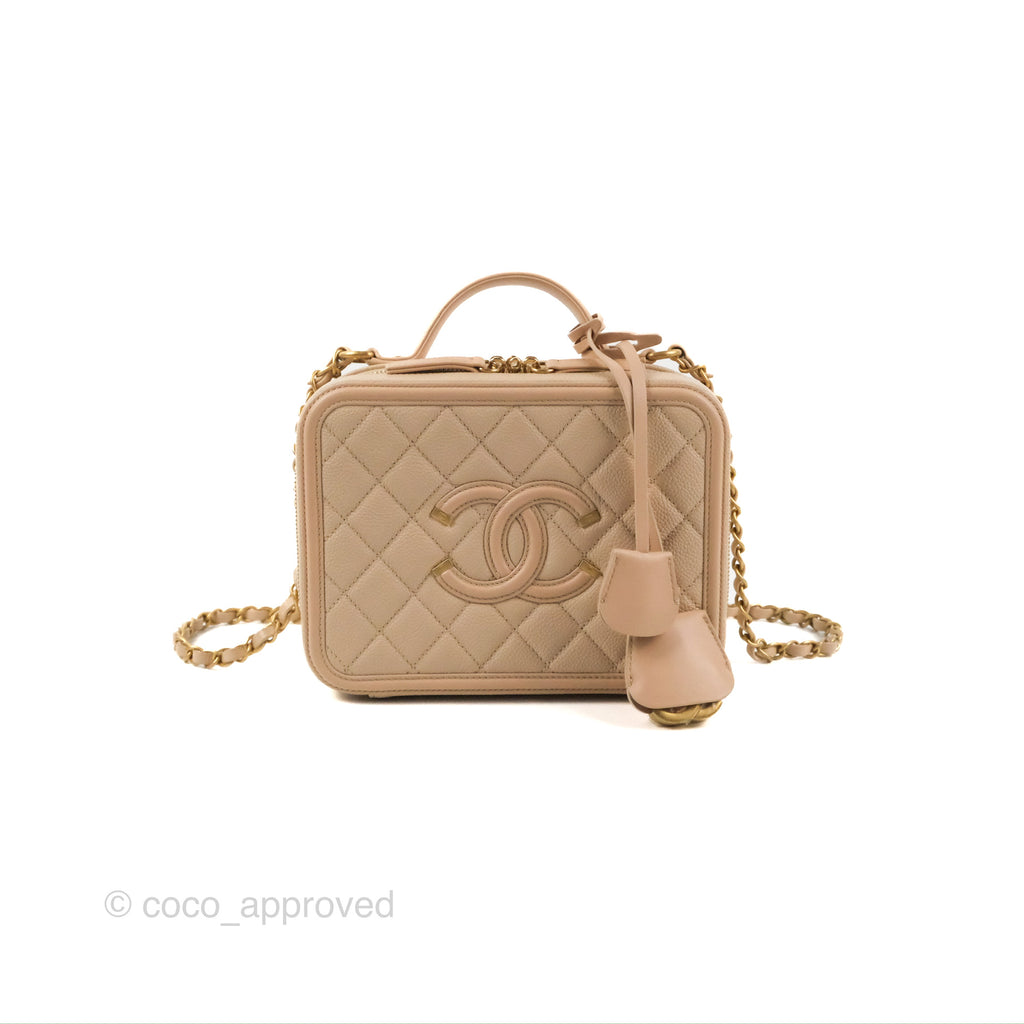 Chanel Quilted Medium CC Filigree Vanity Case Light Beige Caviar Gold Hardware