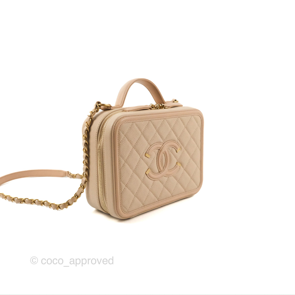 Chanel Quilted Medium CC Filigree Vanity Case Light Beige Caviar Gold Hardware