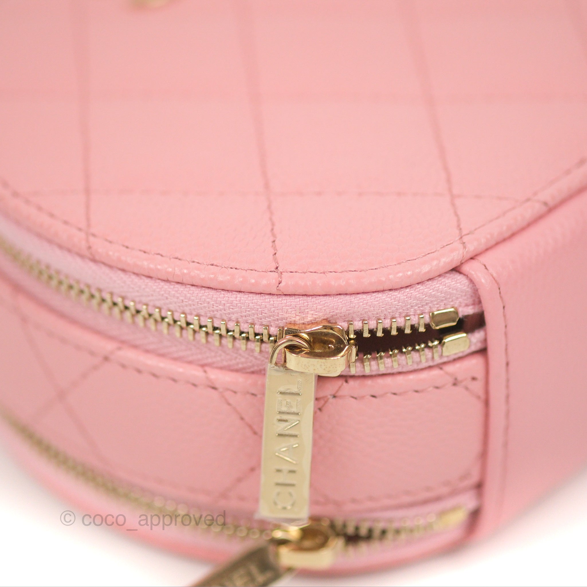 Chanel Mini Round Vanity Bag Handle With Care Pink Caviar 22C – Coco  Approved Studio