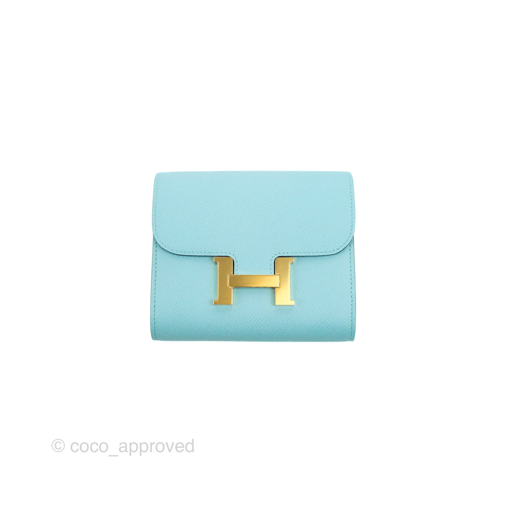 Hermes Constance Compact Passant Wallet Bleu Atoll Epsom Gold Hardware