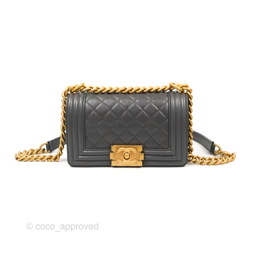 Chanel Small Boy Quilted Dark Grey Caviar Aged Gold Hardware