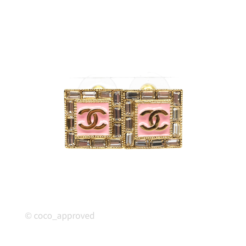 Chanel Square Crystal Pink CC Earrings Gold Tone 24S