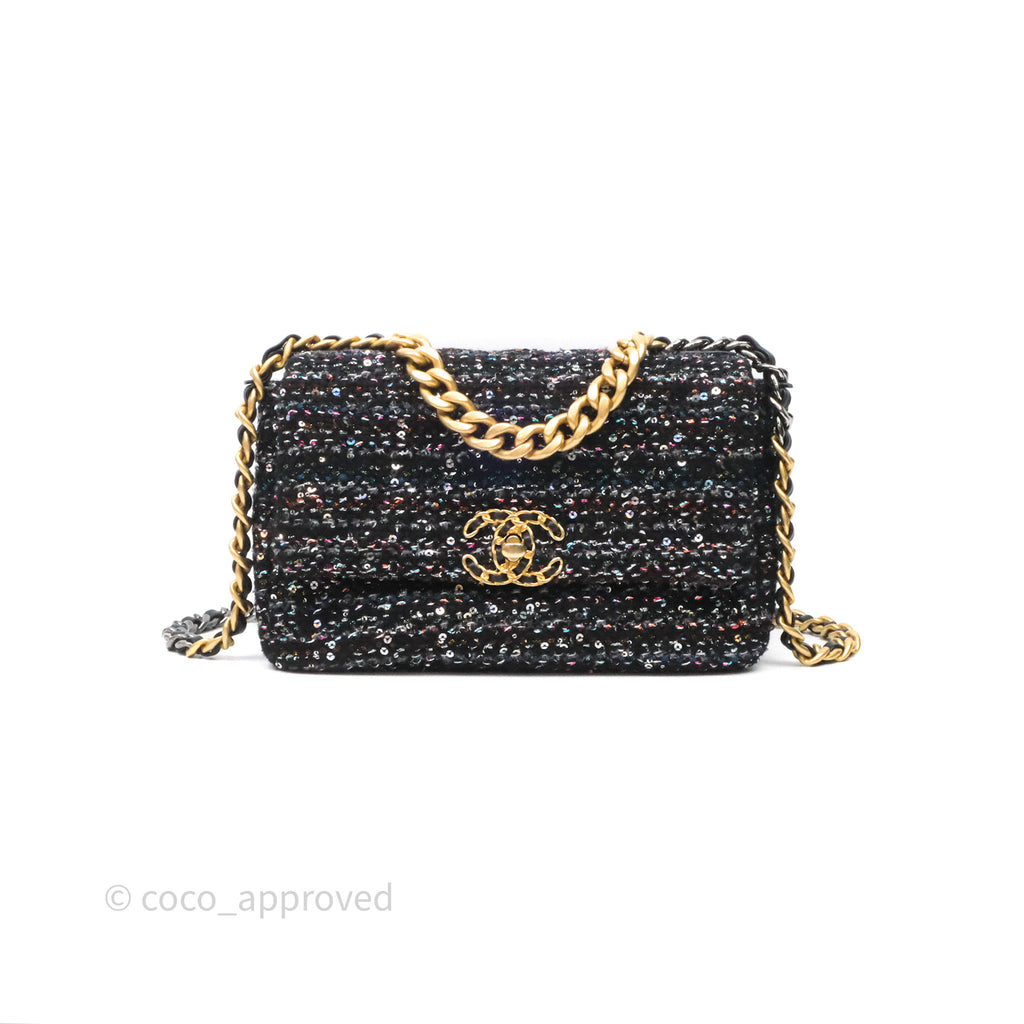 Chanel 19 Small Tweed Sequin Quilted Flap Black Multicolor Mixed Hardware