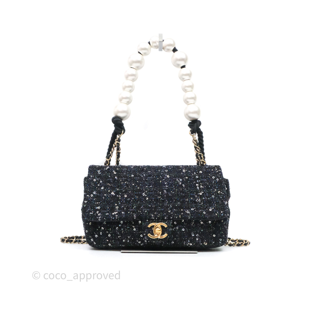 Chanel Small Tweed Sequin Flap Navy With Pearl Chain Gold Hardware