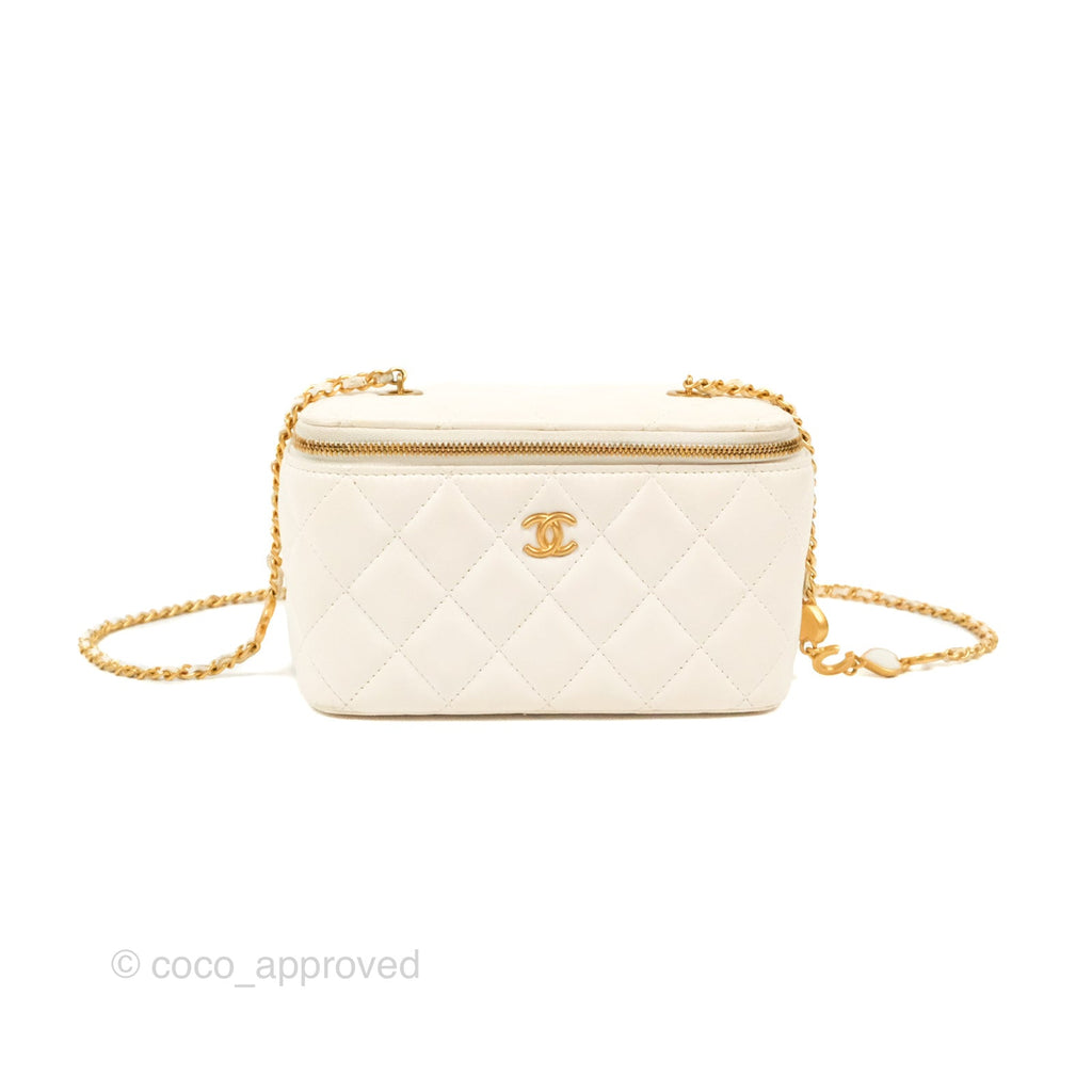 Chanel Vanity with COCO Heart Chain White Lambskin Aged Gold Hardware