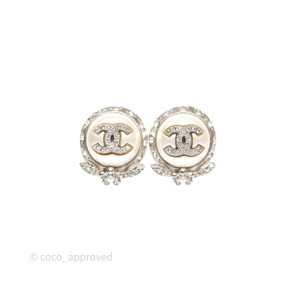 Chanel CC Pearl Crystal Rounded Earrings Silver Tone 21B