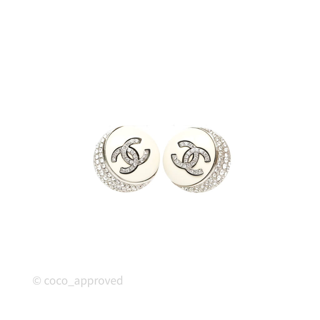 Chanel Crystal CC White Round Earrings Silver Tone 22C