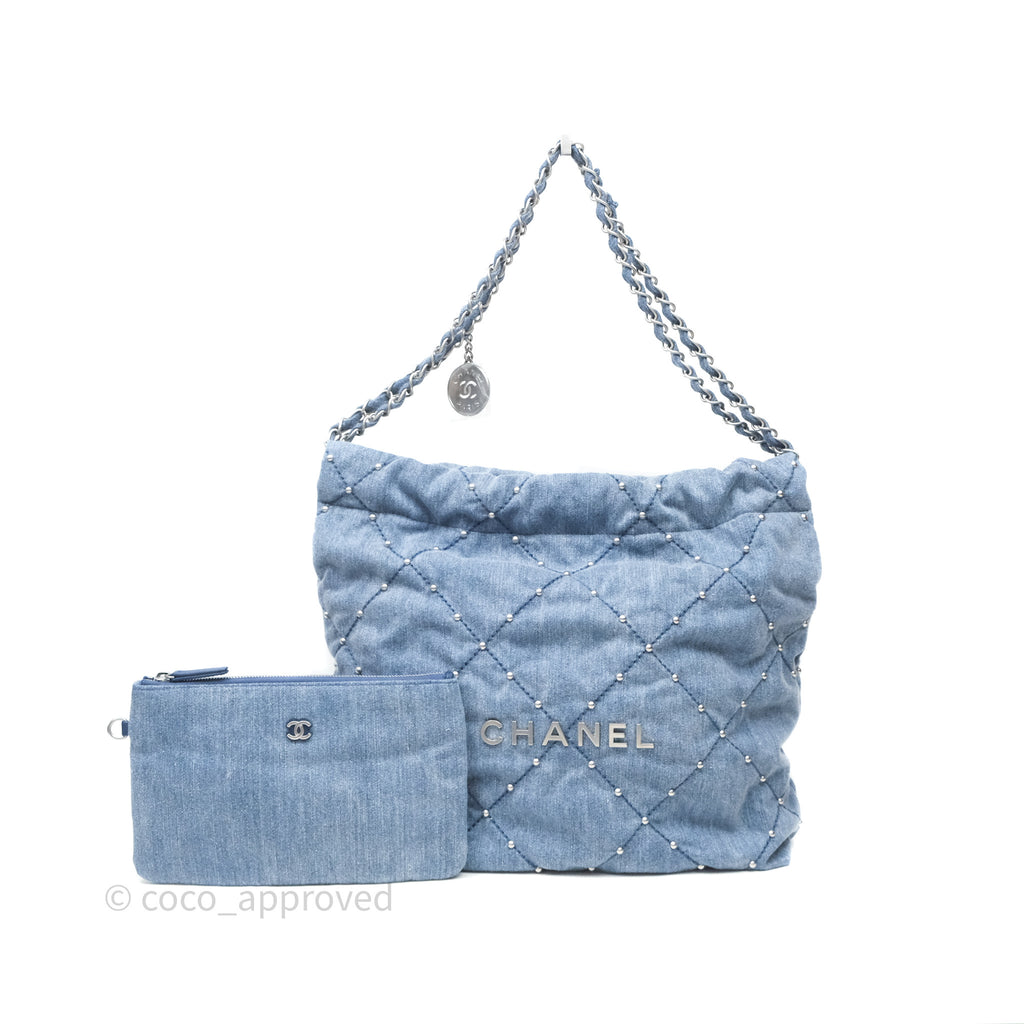 Chanel 22 Small Pearl Studded Denim Silver Hardware