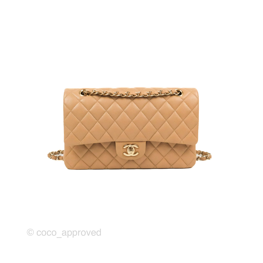 Chanel Classic M/L Medium Flap Quilted Dark Beige Caviar Gold Hardware