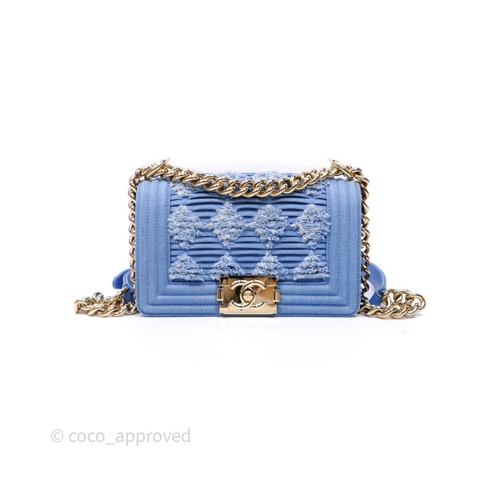 Chanel Small Boy Light Blue Pleated Denim Gold Hardware