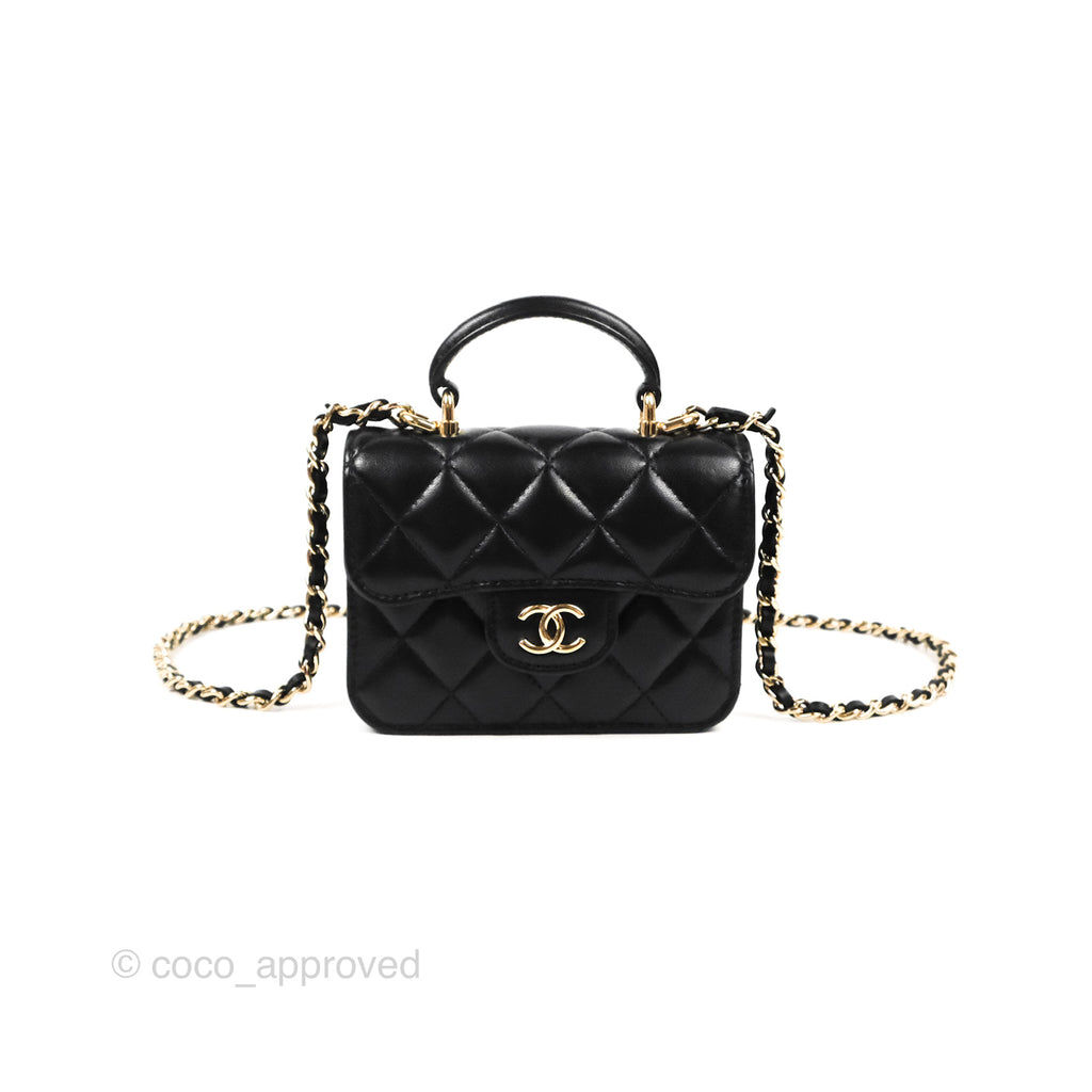 Chanel Mini Handle Flap Coin Purse With Chain Black Lambskin Gold Hardware