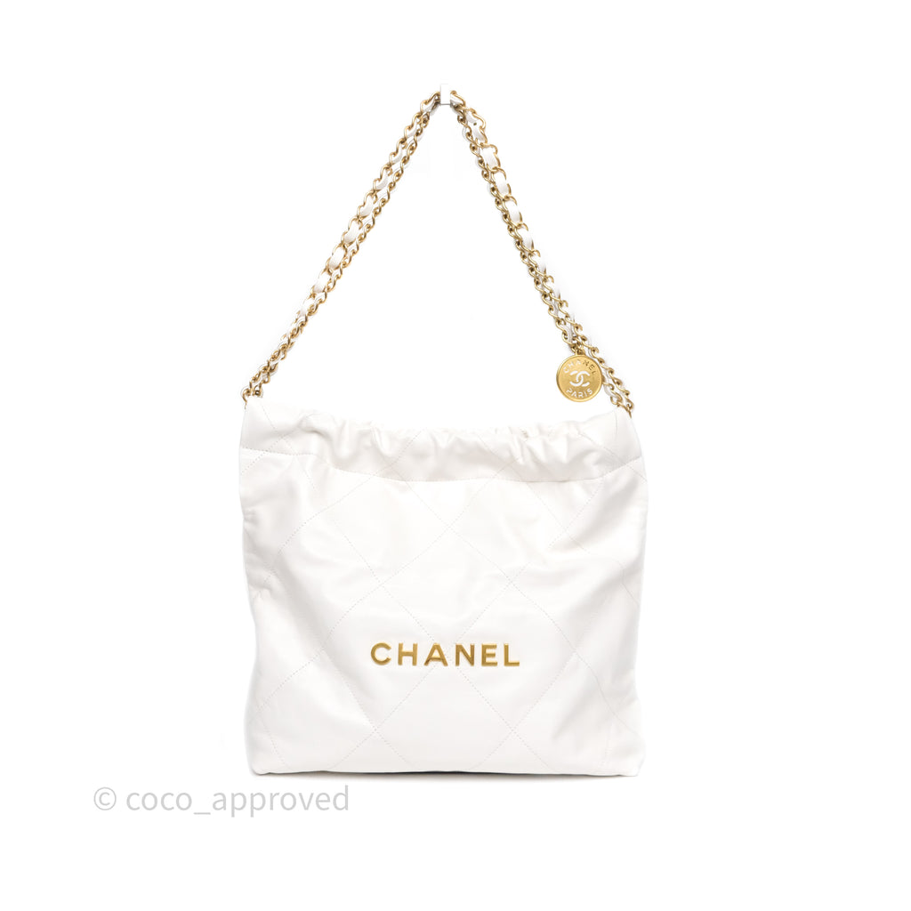 Chanel 22 Small White Shiny Crumpled Calfskin Aged Gold Hardware