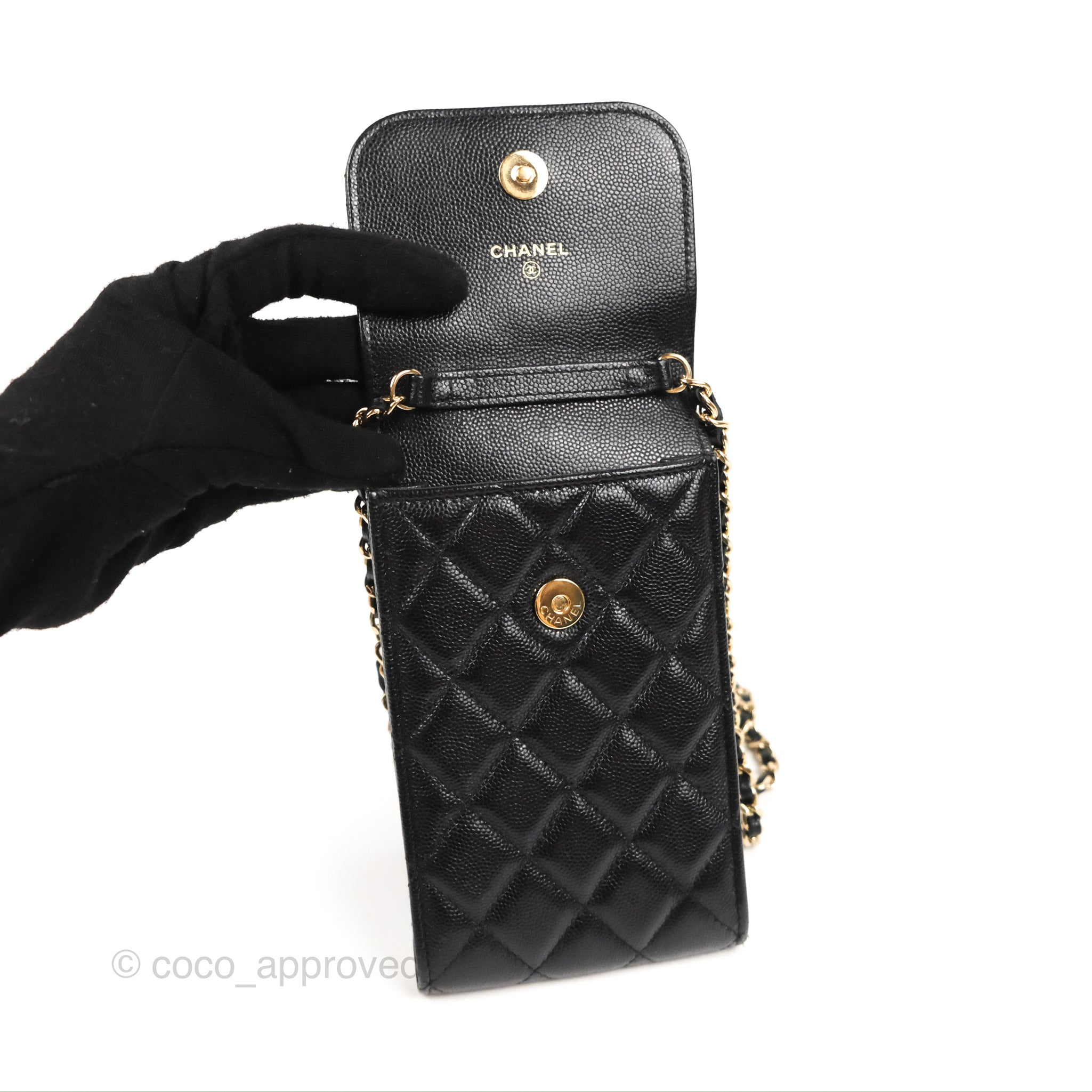 Chanel Phone Holder & Airpods Case with Chain Black Caviar Gold Hardware