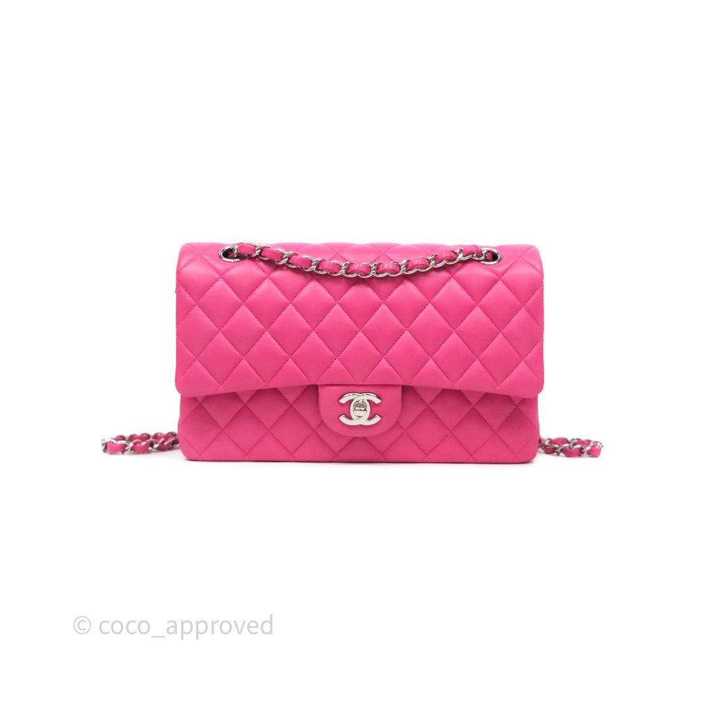 Chanel Classic M/L Medium Flap Quilted Hot Pink Lambskin Silver Hardware