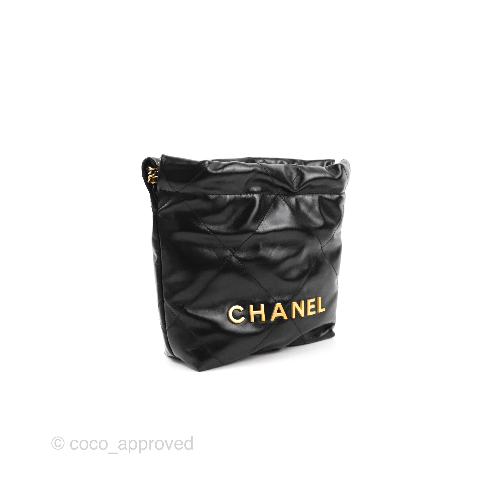New Chanel 23S Mini 22 Black Shiny Crumpled Calfskin Gold HDW &
