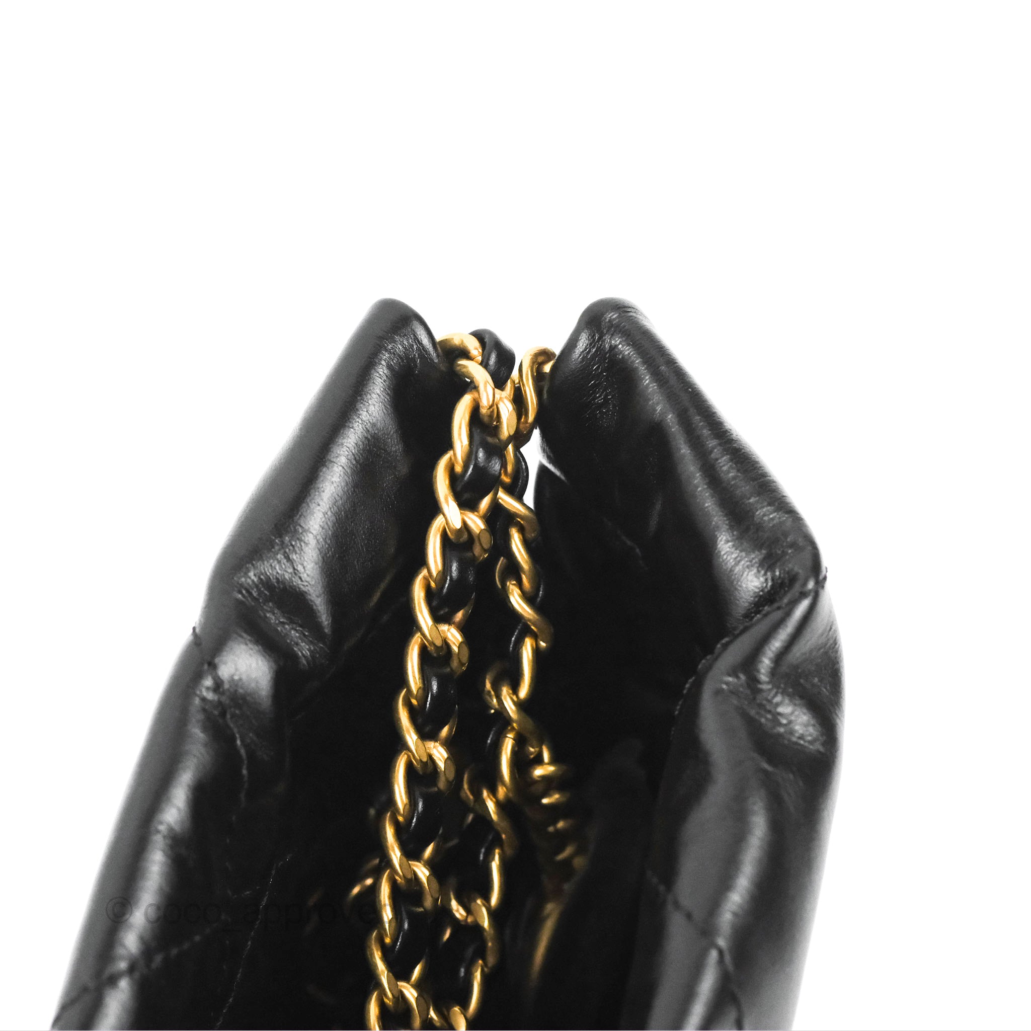 New Chanel 23S Mini 22 Black Shiny Crumpled Calfskin Gold HDW & Pearl  Strap Bag