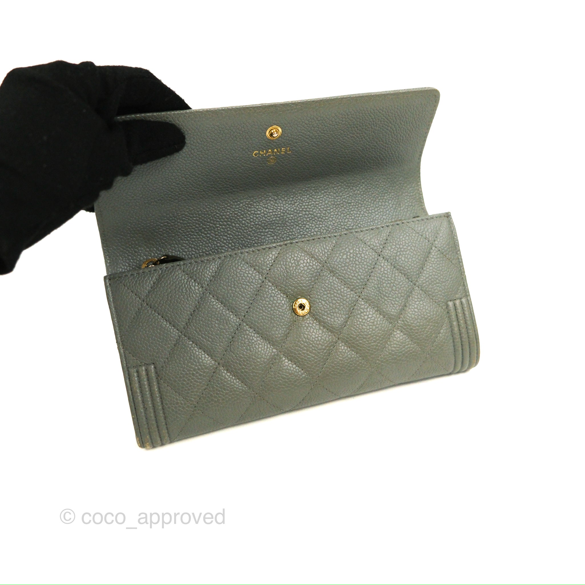 Chanel Quilted Boy Flap Long Wallet Light Green Caviar Gold