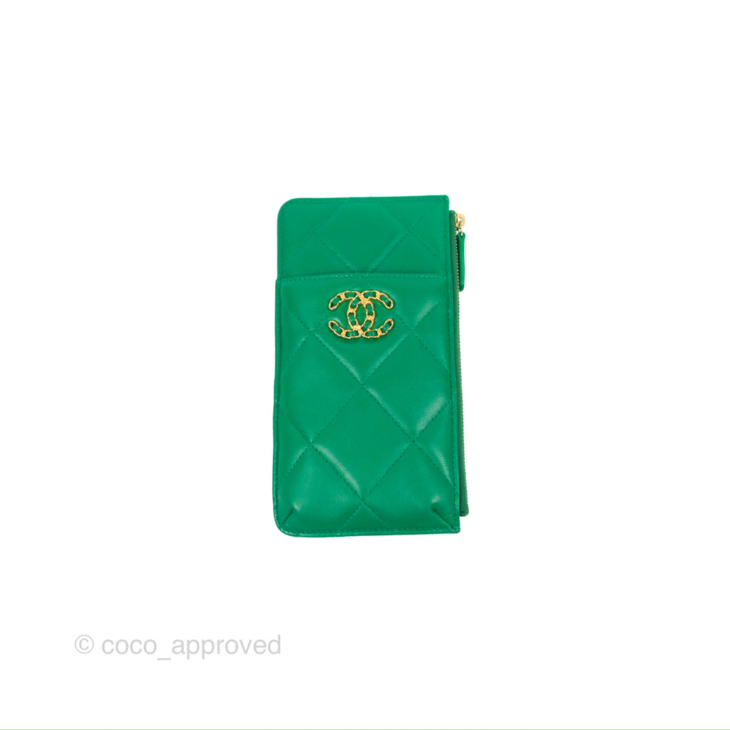 Chanel 19 Phone Holder Long Zip Wallet Green Gold Hardware – Coco