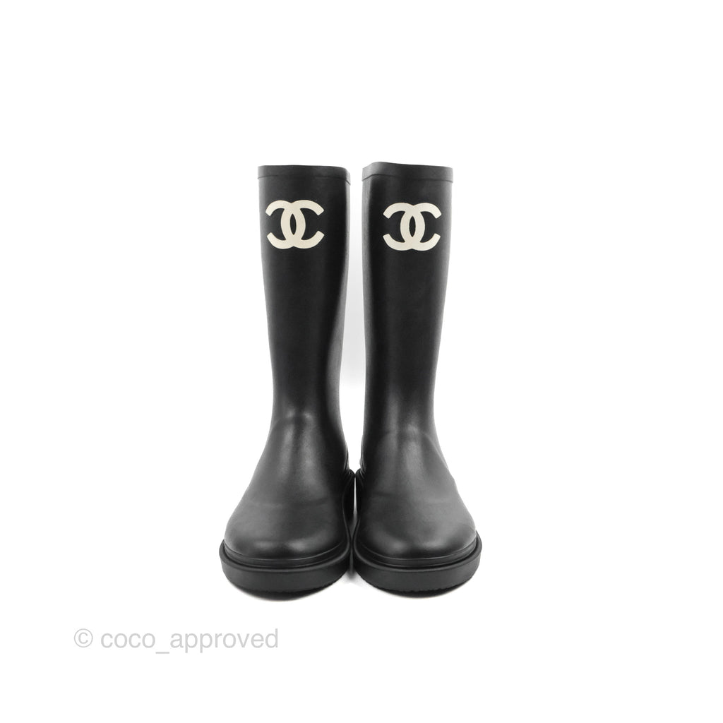 Chanel CC Black Rubber Rain Boots Size 35