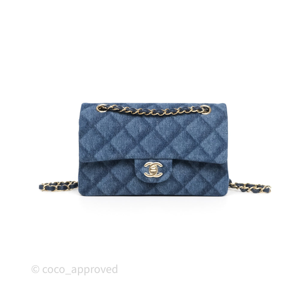 Chanel Small Classic Flap Quilted Blue Printed Denim Gold Hardware