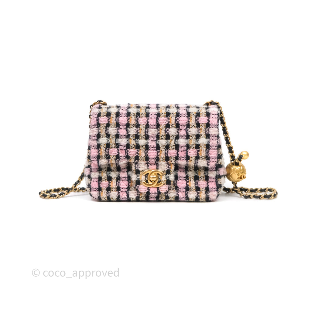Chanel Pearl Crush Mini Square Pink/ White/ Black Tweed Aged Gold Hardware
