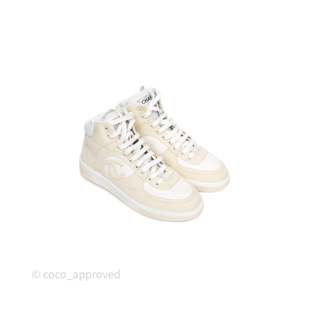 Chanel CC Light Beige White Canvas Sneaker Size 38.5