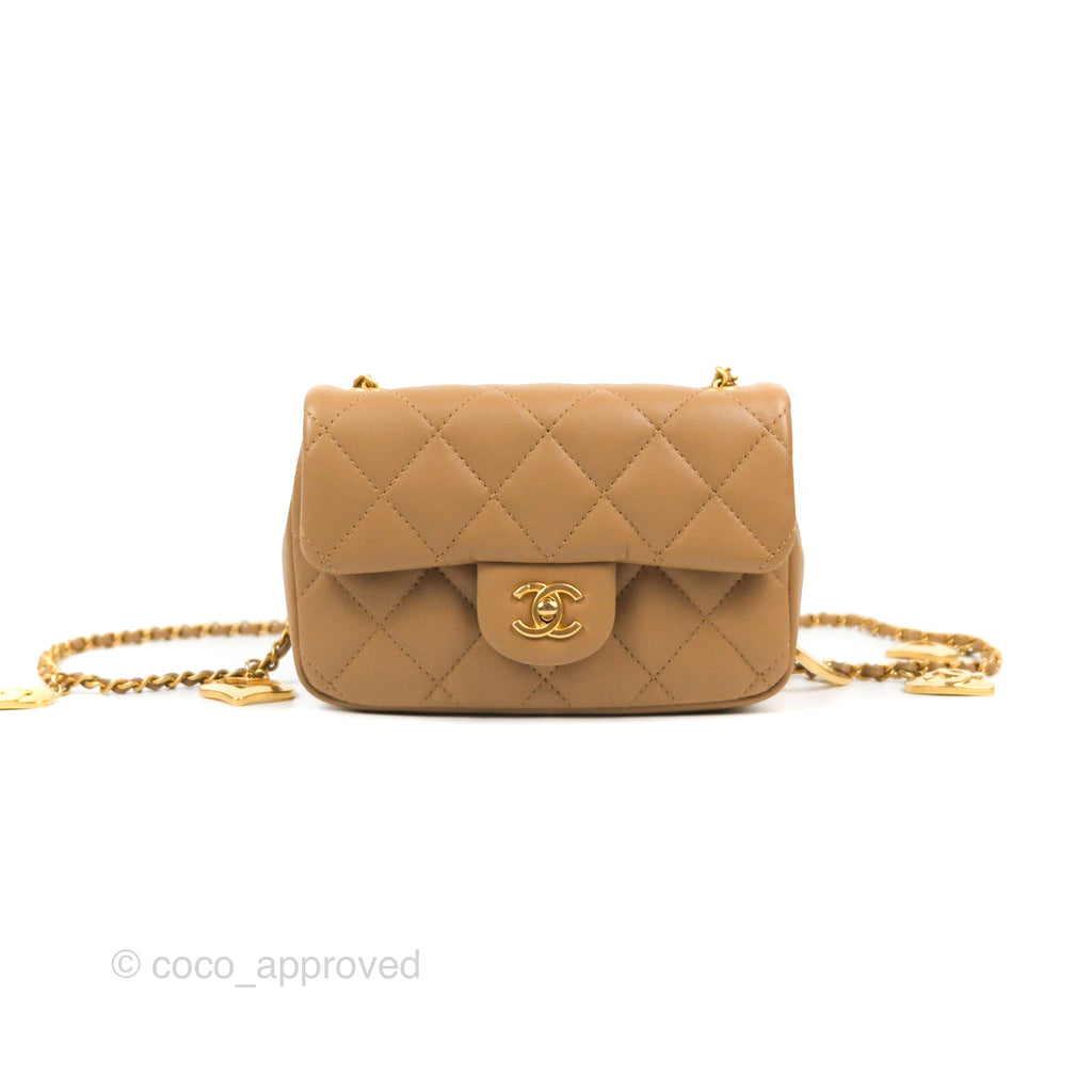 Chanel Mini Flap Bag With Heart CC Charm Dark Beige Lambskin Aged Gold Hardware