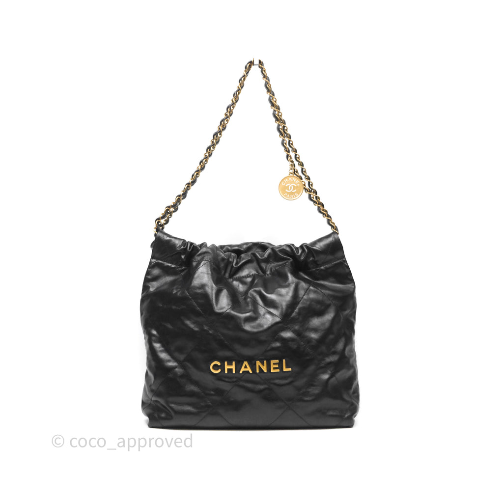 Chanel 22 Small Black Shiny Crumpled Calfskin Aged Gold Hardware