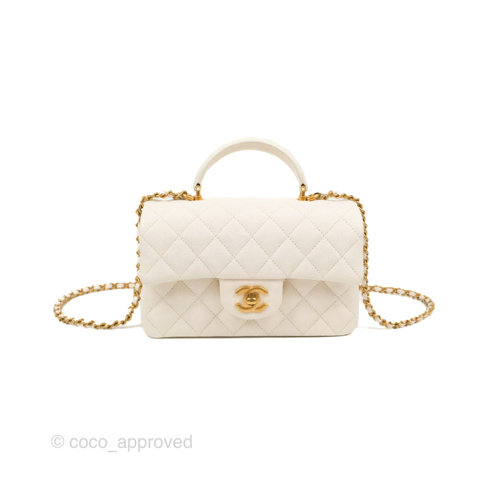 Chanel Top Handle Mini Rectangular Flap Bag White Caviar Aged Gold Hardware