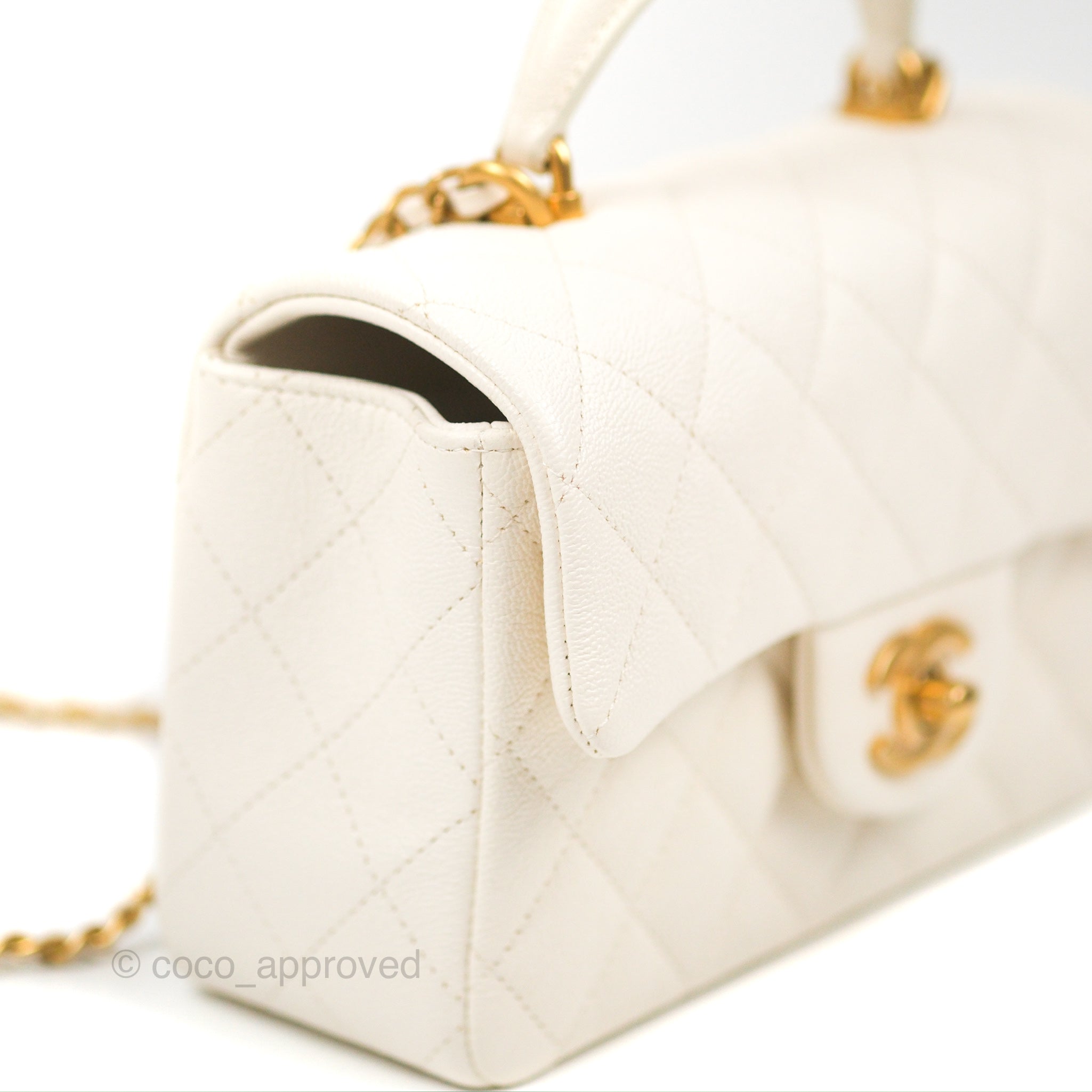 Chanel Top Handle Mini Rectangular Flap Bag White Caviar Aged Gold Har – Coco  Approved Studio