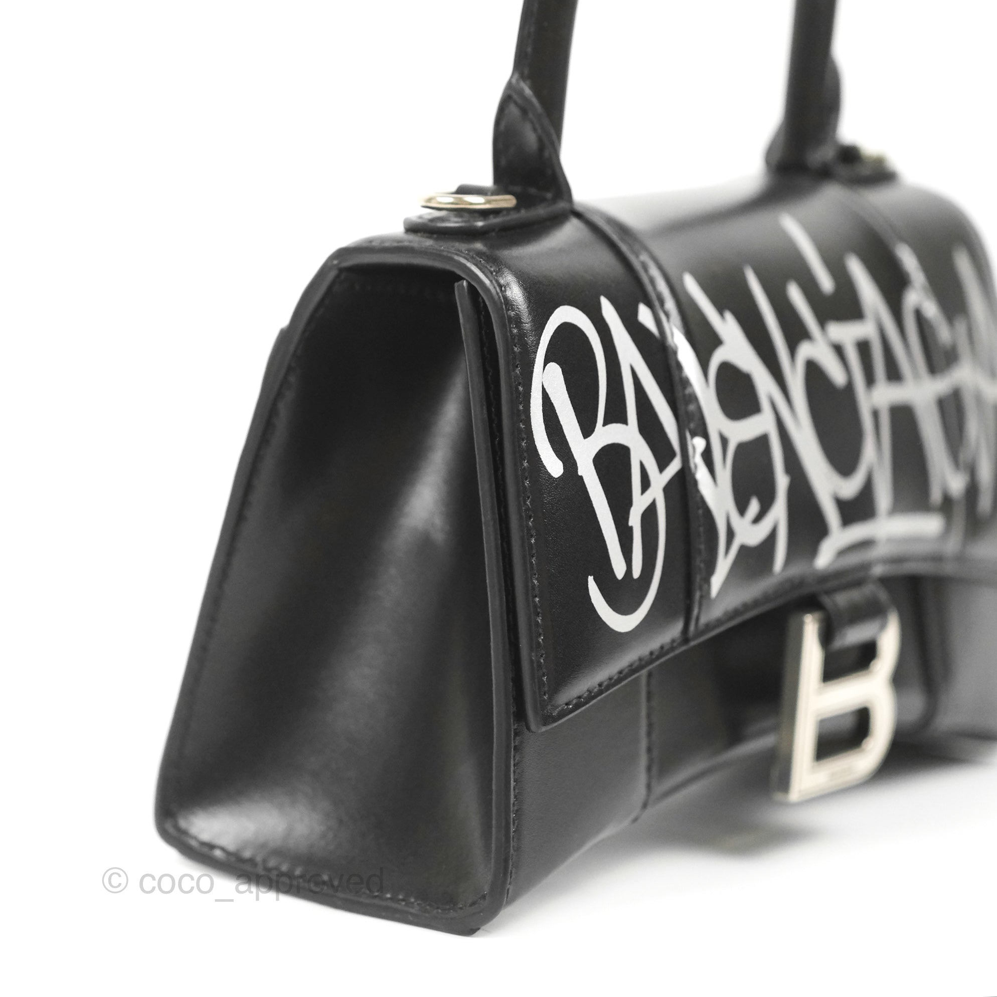 Balenciaga Hourglass Graffiti Small Leather Top Handle Bag In Black