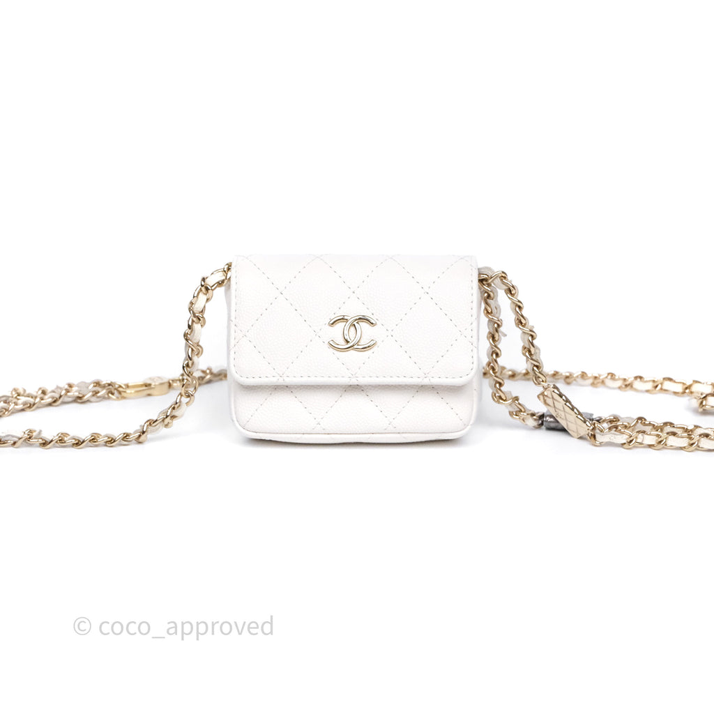 Chanel Mini Card Holder Charms Chain Belt Bag White Caviar Gold Hardware