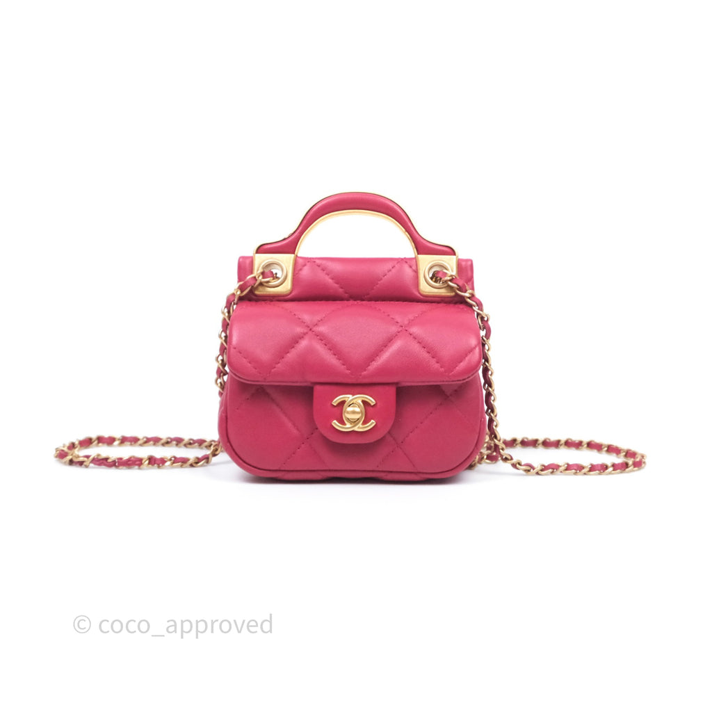 Chanel Quilted Lady Handle Flap Card Holder With Chain Dark Pink Calfskin Aged Gold Hardware