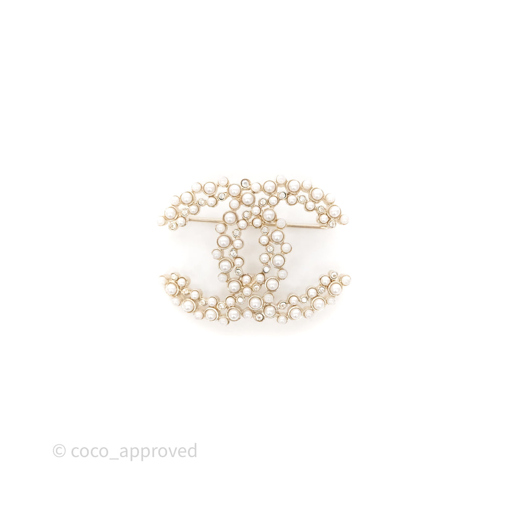 Chanel Pearl Crystal CC Brooch Gold Tone 19B