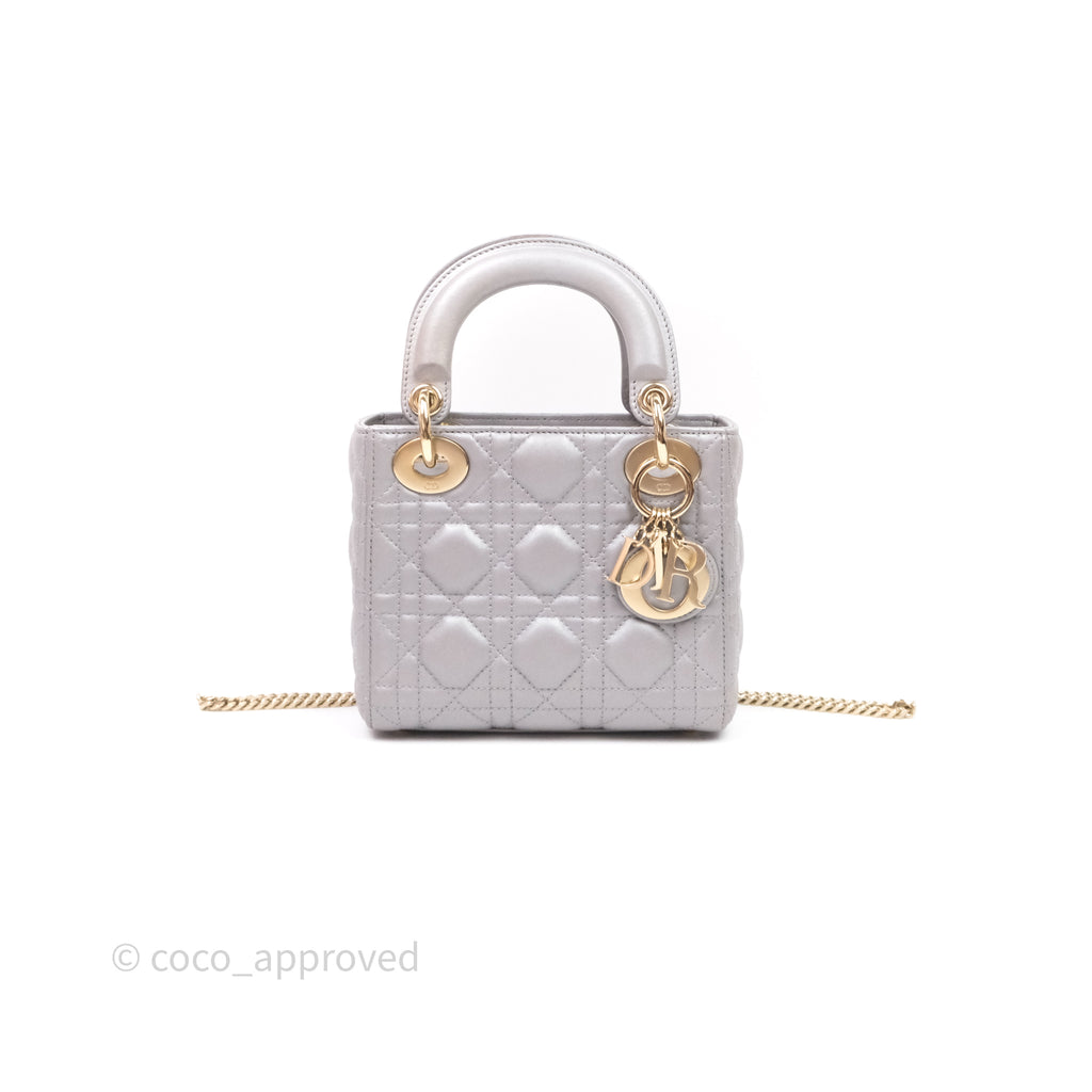 Christian Dior Mini Lady Dior Iridescent Grey Lambskin Cannage Gold Hardware