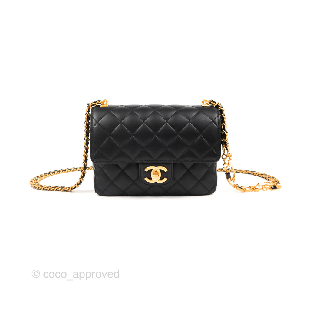 Chanel Flap Bag with Logo Enamel Chain Black Lambskin 22B