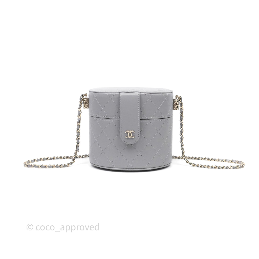 Chanel Quilted Round Vanity Clutch With Chain Grey Lambskin Gold Hardware