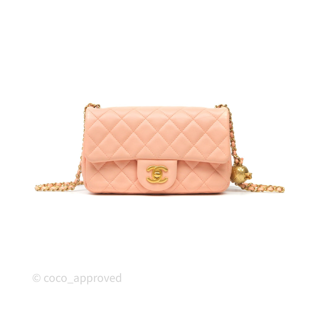 Chanel Mini Rectangular Pearl Crush Quilted Peach Lambskin Aged Gold Hardware