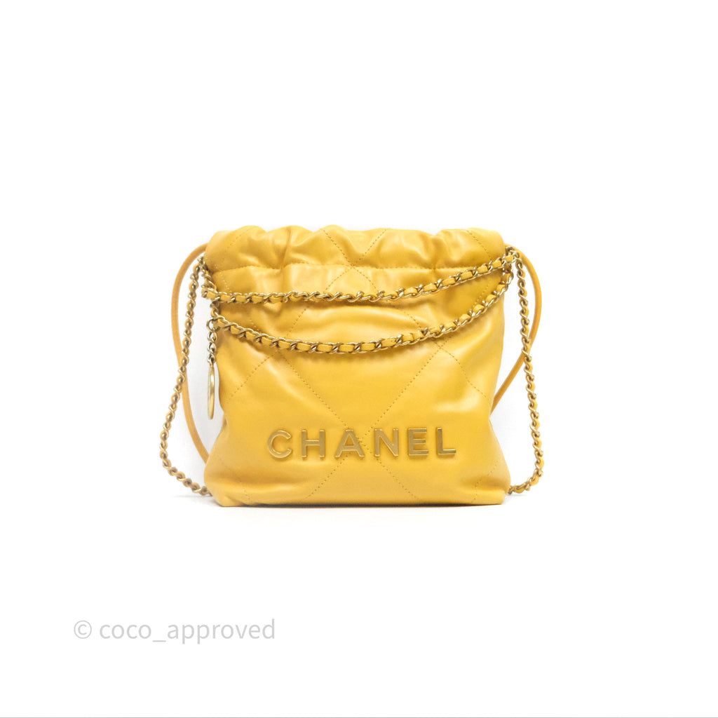 Chanel 22 Mini Bag Mustard Yellow Crumpled Calfskin Aged Gold Hardware