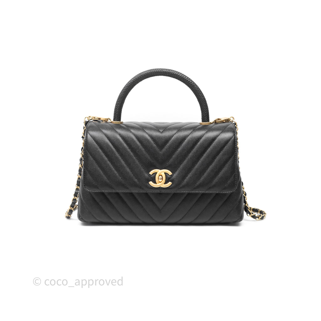 Chanel Medium Quilted Coco Handle Chevron Black Caviar Aged Gold Hardware Lizard Handle