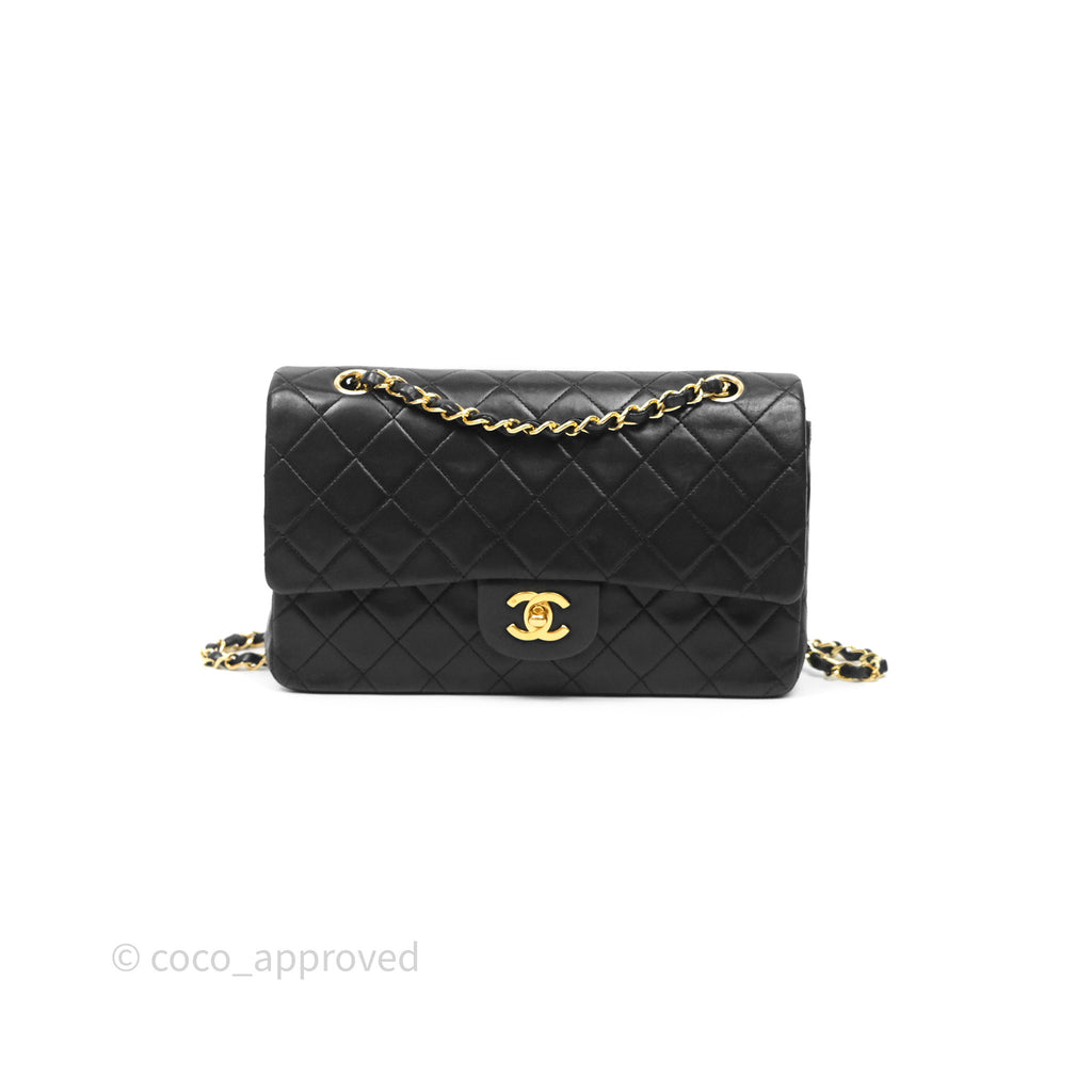 Chanel Vintage M/L Lambskin Medium Double Flap Bag Black 24K Gold Hardware