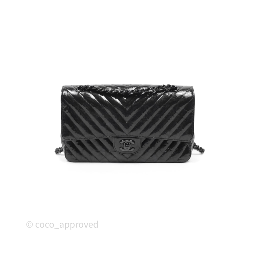 Chanel Classic Chevron M/L Medium Double Flap So Black Patent Calfskin