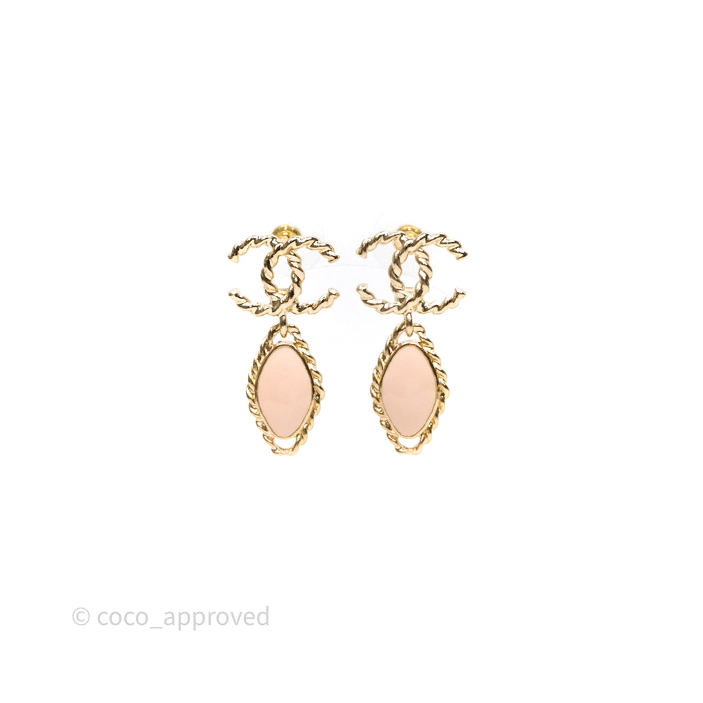 Chanel CC Drop Beige Pink Enamel Earrings Gold Tone 24P