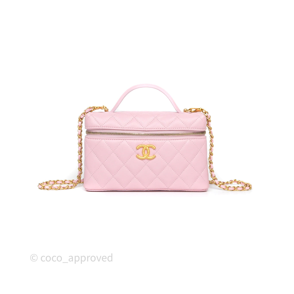Chanel Top Handle Long Vanity with Chain Pink Caviar Aged Gold Hardware