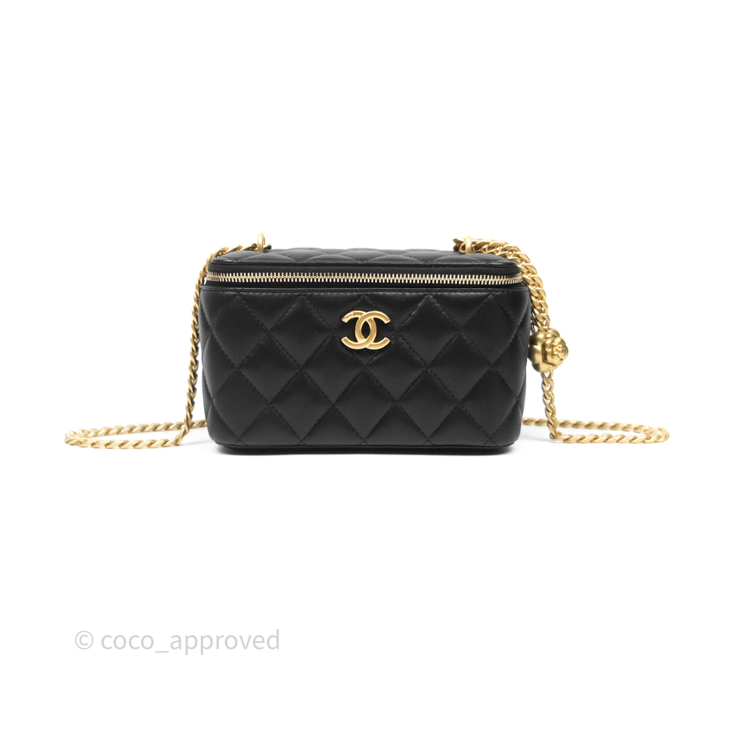 Chanel Quilted Vanity Rectangular with Camellia Adjustable Chain Black Lambskin
