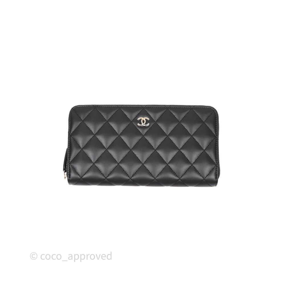 Chanel Classic Zipped Long Wallet Black Lambskin Silver Hardware