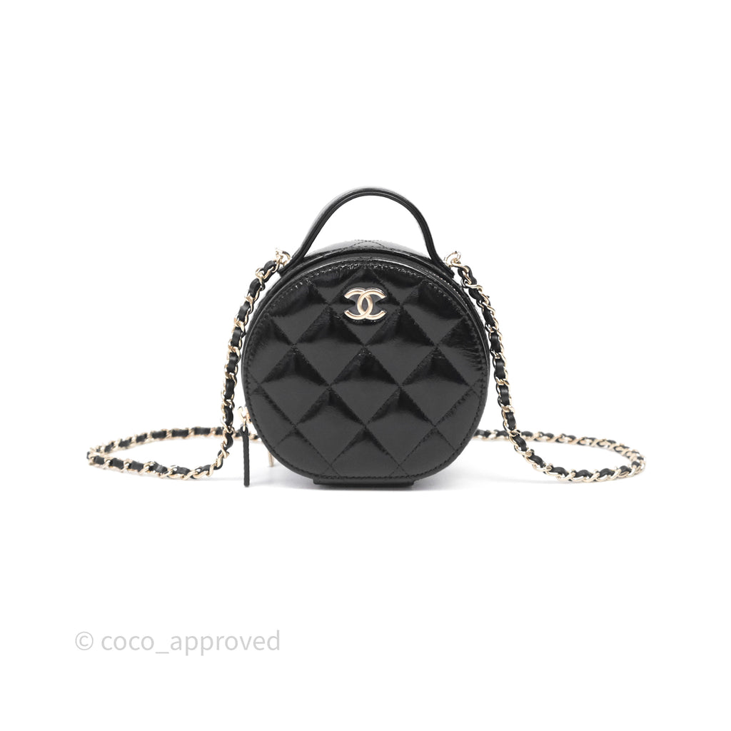 Chanel Mini Round Vanity Bag Handle With Care Black Glazed Lambskin Gold Hardware