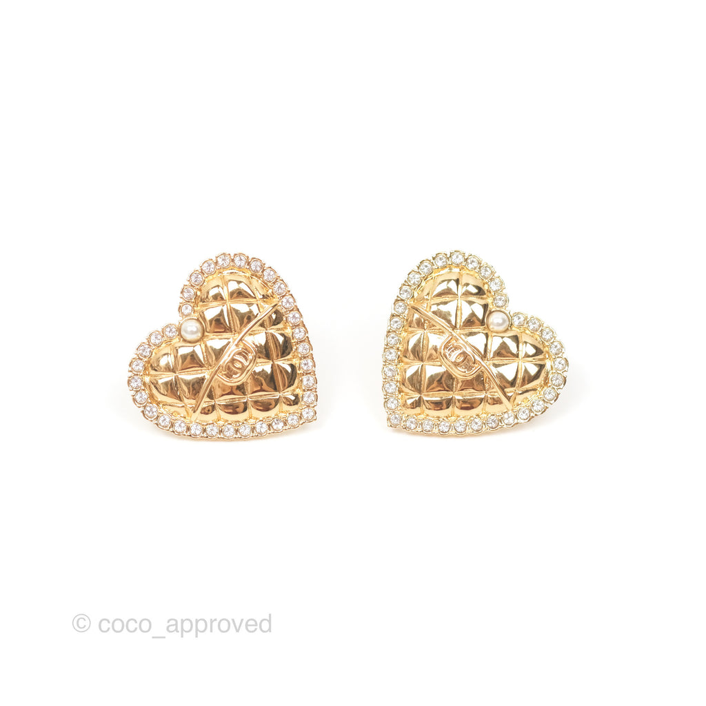 Chanel Crystal Pearl Heart Earrings Gold Tone 24A