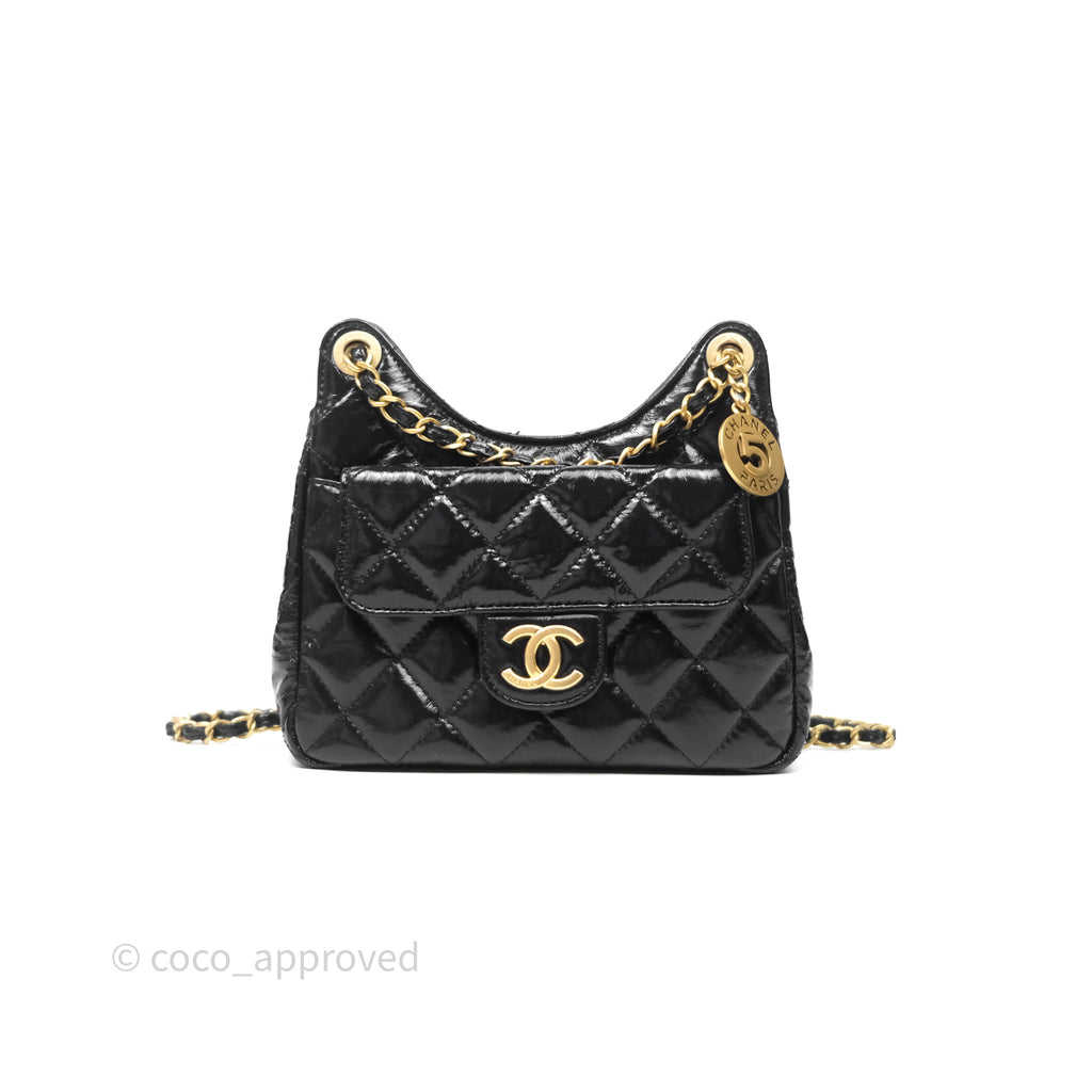Chanel Small Wavy CC Hobo Black Shiny Crumpled Calfskin Aged Gold Hardware